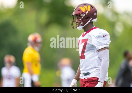 July 27th 2022: Washington Commanders wide receiver Jahan Dotson (1) runs a  drill during the Washington Commanders training camp practice at the INOVA  Sports Performance Center in Ashburn, Va. Reggie Hildred/CSM/Sipa USA(Credit