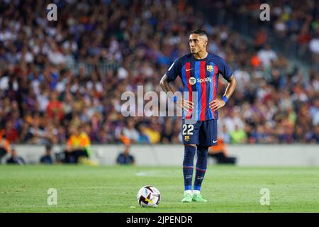 BARCELONA - AUG 13: Raphinha in action during the LaLiga match between FC Barcelona and Rayo Vallecano at the Spotify Camp Nou Stadium on August 13, 2 Stock Photo