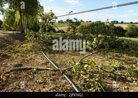 FRANCE: Weather - Telephone lines and poles are brought down by a storm, on a road outside of Condom, France, in August 2022. Global warning and climate change. © Credit:  David Levenson/Alamy Stock Photo