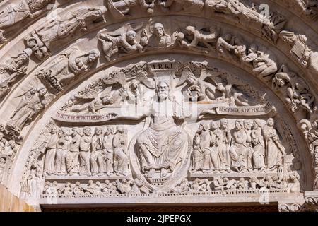 Tympanum of the central portal: 'Last Judgement' (c. 1135, restored 1839), Saint-Denis basilica, Paris, France Stock Photo