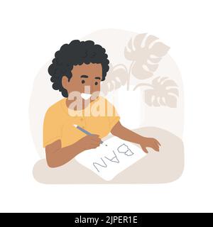 Writing personal name isolated cartoon vector illustration. Child holding pen, language skills development, preschool writing lesson, kindergarten activity, spelling vector cartoon. Stock Vector