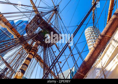 10 August 2022, London, UK - Götheborg of Sweden, largest wooden ocean-sailing ship docked in Canary Wharf South Dock on it's journey to Asia Stock Photo