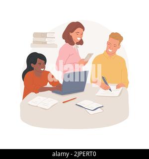 Group peer tutoring isolated cartoon vector illustration. Group of students sit at the table, peer tutoring, changing roles, help each other, class-wide independent learning vector cartoon. Stock Vector