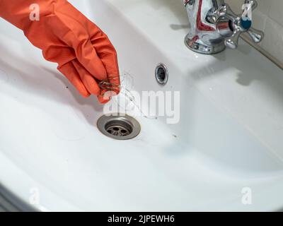 Hand in orange gloves holds many hair loss on filter in washbasin while cleaning Stock Photo