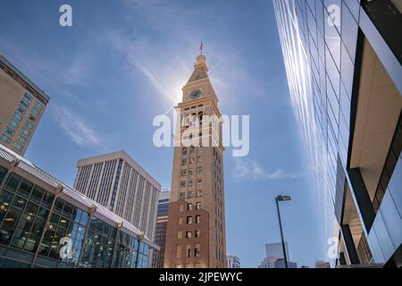 The historic Daniels & Fisher clock tower along the 16th Street Mall in downtown Denver, Colorado Stock Photo