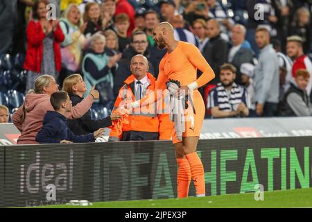 West Bromwich, UK. 17th Aug, 2022. Dave Button #1 of West Bromwich Albion gives his shirt to. Young fan in West Bromwich, United Kingdom on 8/17/2022. (Photo by Gareth Evans/News Images/Sipa USA) Credit: Sipa USA/Alamy Live News Stock Photo