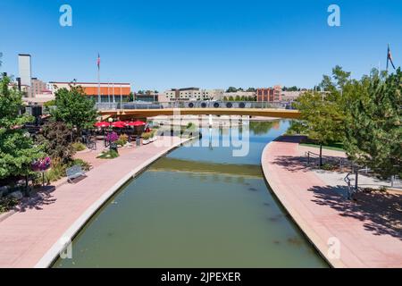 Pueblo, Colorado - August 12, 2022: Pueblo Riverwalk along the Arkansas River in Pueblo, Colorado is an excellent example of urban revitalization. Stock Photo