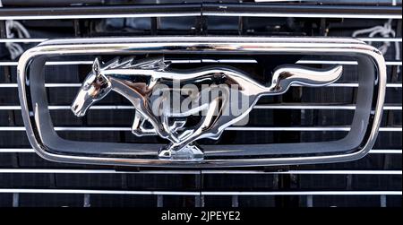 Loveland, CO - July 9,2022: Front grille of a classic antique Ford Mustang at the Loveland Classic Car Show Stock Photo