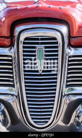 Loveland, CO - July 9,2022: Front grille of an old Ford Edsel automobile at the Loveland Classic Car Show Stock Photo