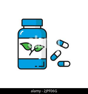Bottle of dieting natural organic pills isolated outline capsules. Vector dietary supplements, herbal product with leaves on label. Fitness and bodybuilding nutrition dietary pharmacy vitamins in pack Stock Vector