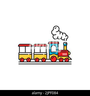 Color children train for walks in amusement park isolated icon. Vector toy wagon with smoke, cartoon railroad with locomotive. Kids train for works in theme entertainment park, funfair attraction Stock Vector