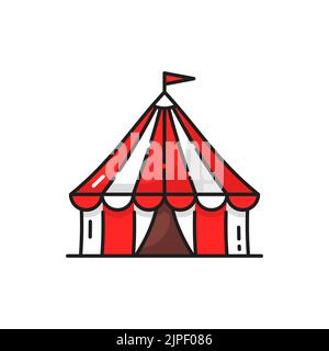 Big top circus, flag on top isolated red and white striped tent outline icon. Vector circus arena construction, entertainment theme park show fairground. Big top circus awning symbol, festival mascot Stock Vector