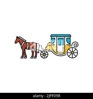 Four wheeled vintage coach, horse carriage isolated color line icon. Vector carriage pulled by horse, retro 19th century London taxicab, vintage coach powered by mane, entertainment and old transport Stock Vector