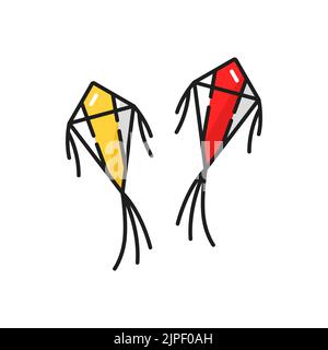 Flying kites amusement park entertainment isolated color line icon. Vector Uttarayan festival symbol with tail. Kitesurfing flying object, leisure sport activity entertainment in amusement park Stock Vector