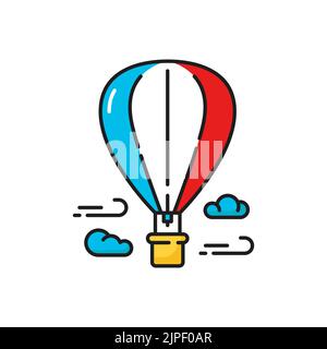 Flight on hot air balloon in sky, amusement park attraction color line icon. Vector playground funfair entertainment, flights on air balloon, blue clouds. Sky with aerostate, leisure sport activity Stock Vector