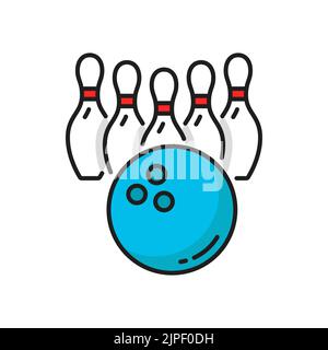 Ball and pins bowling playing equipment isolated color line icon. Vector 5 pins and strike ball, club team game leisure recreation. Hobby entertainment sport activity symbol, bowling playing equipment Stock Vector