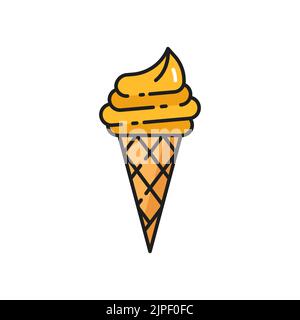 Cold ice sundae swirl in wafer cone, creme brulee refreshing summer dessert isolated color line icon. Vector vanilla ice cream in waffle cone. Gelato icecream, sweet ice-cream, fastfood takeaway snack Stock Vector