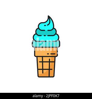 Swirled creamy mint or bubble gum ice cream in wafer cone isolated blue color line icon. Vector refreshing cold takeaway food, fastfood snack. Whipped caramelized thin line icecream in waffle cone Stock Vector