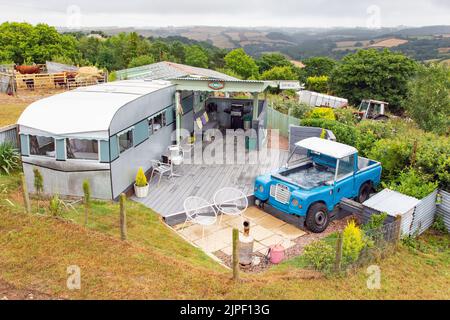 Land Rover hot tub, Bluebird caravan, High Bickington, North Devon, England, United Kingdom. Stock Photo
