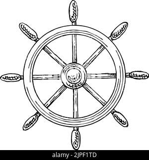 Steering ship wheel isolated marine sketch. Vector navigation equipment symbol, hand wheel with handles Stock Vector