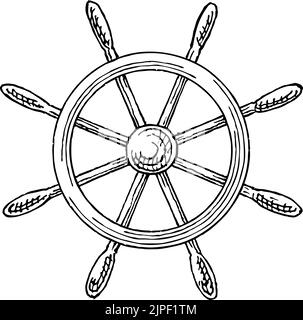 Steering ship wheel isolated marine sketch. Vector navigation equipment symbol, hand wheel with handles Stock Vector