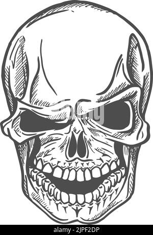 Human smiling skull with winking eye isolated sketch. Vector monochrome head skeleton gives a wink Stock Vector