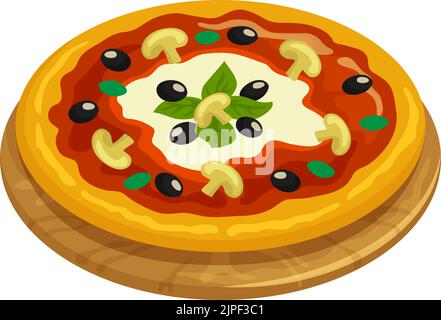 Capricciosa pizza in Italy cuisine prepared with mozzarella cheese, Italian baked ham, mushroom, artichoke and tomato. Vector homemade baked pizza with black olives, cheese and ketchup, basil leaves Stock Vector