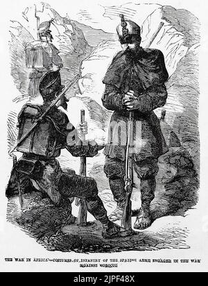 The War in Africa - Costumes of infantry of the Spanish Army engaged in the war against Morocco. Hispano-Moroccan War, 1859–1860. 19th century illustration from Frank Leslie's Illustrated Newspaper Stock Photo