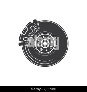 Brake disk with caliper isolated auto moto part monochrome icon. Vector automobile braking system, aeration steel brake disk with perforation and piston calipers and pads. Component of wheel Stock Vector
