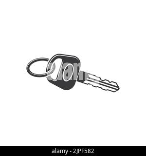 Vehicle key isolated monochrome icon. Vector object to open car door and start driving, automobile, motorbike, motorcycle key. Plastic transport unlock item with ring, car protection accessory Stock Vector