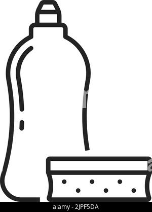 Dishwashing liquid bottle vector thin line icon. Kitchen chemicals dish washing liquid and sponge Stock Vector
