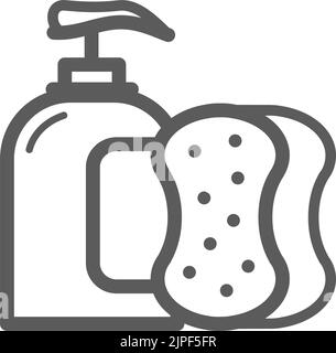 Dishwashing liquid bottle and washing sponge vector thin line icon. Kitchen and house cleaning utensils Stock Vector