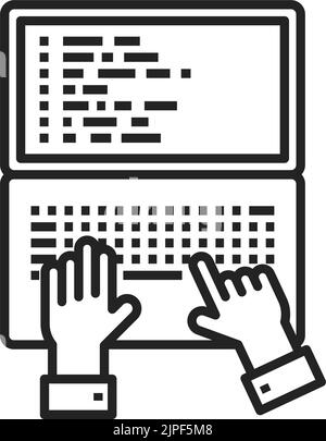 Hands typing on open notebook or laptop isolated outline icon. Vector businessman browsing computer, accounting or coding database. Online education linear sign, freelance workplace desktop Stock Vector