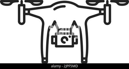 Remote control air drone isolated outline icon. Vector flying drone with action camera and twirled propellers, quadcopter or copter linear monochrome sign. Aircraft robot plane, line art Stock Vector