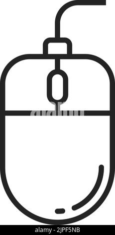 Simple computer mouse with cord isolated monochrome icon. Vector handheld pointing device that detects motion translated by pointer on display. Retro computer mice with two buttons and scroll wheel Stock Vector