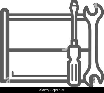 Tool rack with wrench and spanner isolated outline icon. Vector repair, fixing and maintenance instruments, linear building tools. Screwdriver and manual wrench, toolkit instruments Stock Vector