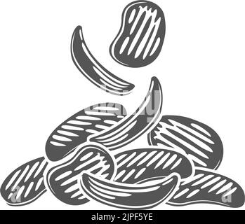 Salted potato chips isolated monochrome icon. Vector portion of fastfood snack, spicy crispy and crunchy falling corrugated potato chips, sliced wavy ridged cut potatoes in black and white Stock Vector