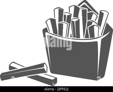 Fried striped potato in package isolated monochrome icon. Vector striped potato, takeaway fastfood, fries sticks or fries in paper pack. Cut into stripes potatoes in box, hand drawn food packaging Stock Vector