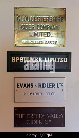 Brass plaques, Gloucestershire Cider Company Limited - registered office - HP Bulmer - Evans & Ridler, The Creedy Valley Cider Co Stock Photo