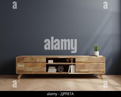 Wooden cabinet for TV in living room on dark blue wall.3D rendering Stock Photo