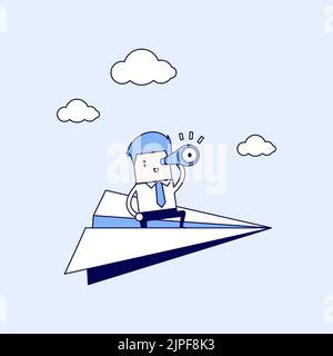 Businessman is flying while using telescope. Cartoon character thin line style vector. Stock Vector