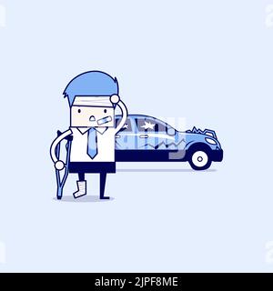 Businessman be injured with car accident. Cartoon character thin line style vector. Stock Vector