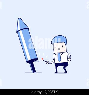 Businessman launching firework rocket. Cartoon character thin line style vector. Stock Vector
