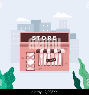 Store shop or cafe is bankrupt and closed. Locked door on a business that has gone bankrupt. Closing down concept. Stock Vector