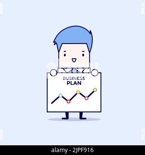 Businessman shows a business plan. Cartoon character thin line style vector. Stock Vector