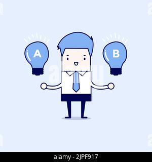 Businessman compares idea A to idea B. Cartoon character thin line style vector. Stock Vector