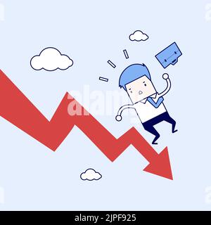 Businessman on falling down chart. Cartoon character thin line style vector. Stock Vector