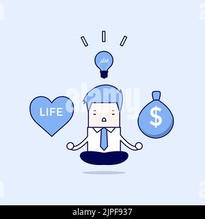 Businessman meditation balance between ideas, money and life. Cartoon character thin line style vector. Stock Vector