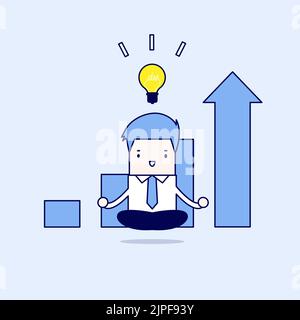 Businessman meditating and ideas that make a business successful. Cartoon character thin line style vector. Stock Vector