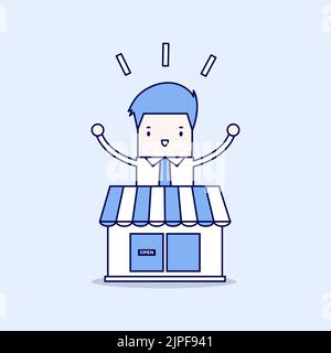 Businessman standing behind the shop. Cartoon character thin line style vector. Stock Vector